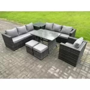 Fimous 7 Seater Outdoor Dark Grey Rattan Lounge Complete Sofa Set with Dining Table, Side Table and 2 Stools