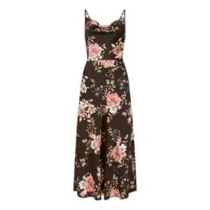 Yumi Black Satin Floral Cowl Neck Slip Dress - Black