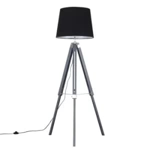 Clipper Grey and Chrome Tripod Floor Lamp with XL Black Aspen Shade