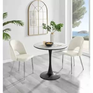 Furniture Box Elina White Marble Effect Round Dining Table and 2 Cream Arlon Silver Leg Chairs