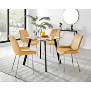 Furniture Box Seattle Glass and Black Leg Square Dining Table & 4 Mustard Pesaro Silver Chairs