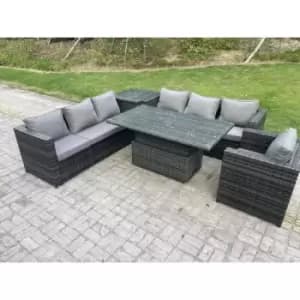 Fimous 7 Seater Outdoor Dark Grey Rattan Lounge Complete Sofa Set with Adjustable Dining Table and Armchairs