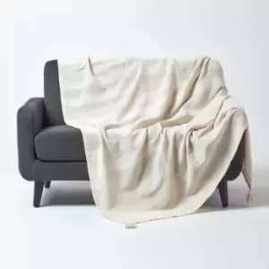 Cotton Rajput Ribbed Natural Throw, 225 x 255cm - Natural - Homescapes
