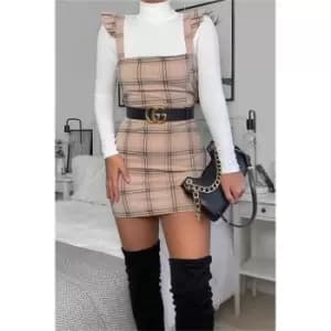 I Saw It First Camel Crepe Check Frill Sleeve Pinafore Dress - Brown