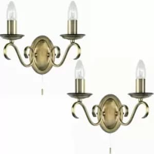 Loops - 2 pack Dimmable LED Twin Wall Light Antique Brass Vintage 2x Bulb Lamp Lighting