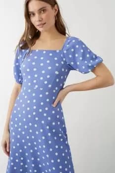 Blue Spot Print Square Neck Midi Dress