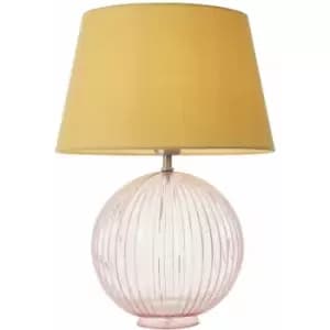 Loops - Table Lamp Dusky Pink Ribbed Glass & Yellow Cotton 40W E27 Bedside Light