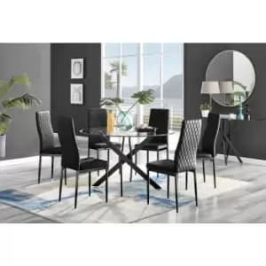 Furniturebox UK - Furniturebox Novara Black Leg 120cm Round Glass Dining Table & 6 Black Milan Velvet Dining Chairs With Black Legs Diamond Stitch