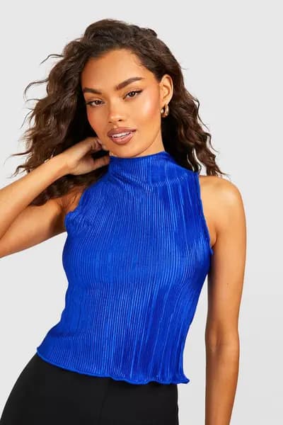 boohoo Plisse High Neck Top Cobalt