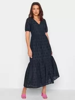 Long Tall Sally Tall V Neck Broderie Dress - Navy, Blue, Size 16, Women