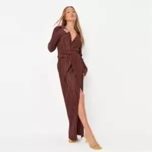 Missguided Twist Front Maxi Dress Ls Plisse - Brown