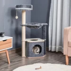 PawHut Cat Tree Tower 95cm Climbing Kitten Activity Center with Sisal Scratching Post Perch Roomy Condo Hammock Removable Felt Hanging Toy, Grey