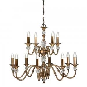 12 Light Chandelier Crystal, Antique Brass Finish, E14