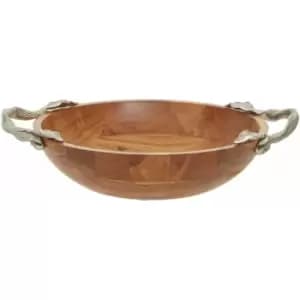 Interiors By Ph Round Bowl, Acacia Wood, Aluminium Leaf Handles