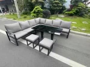 Fimous 7 Seater Outdoor Dark Grey Aluminum Lounge Complete Sofa Set with Adjustable Dining Table and 2 Stools