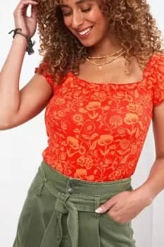 Multi Way Floral Lettuce Edge Boho Slim Fit Jersey Top