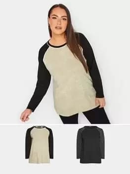Yours Ls Raglan Tee Contrast 2 Pack. Black Acid & Oatmeal Acid, Natural, Size 14, Women