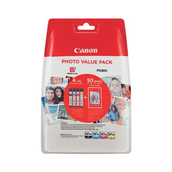 Canon CLI-581XL Inkjet Cartridges + Photo Paper Plus Glossy II Value Pack CMYK 2052C006 2052C006