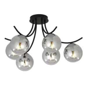 Boston Black Multi Arm Globe Ceiling Light with Graphite Glass Shades, 6x E14