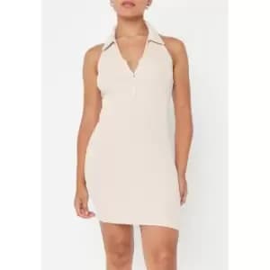 Missguided Waffle Stitch Collared Zip Front Mini Dress - Cream