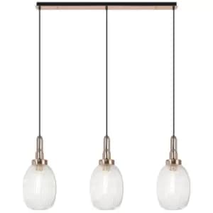 Luminosa Acree Linear 3 Light Ceiling Pendant E27 With 20cm Almond Ribbed Glass, Clear Copper, Matt Black