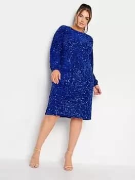 Yours Sequin Velvet Bellow Sleeve Shift Dress, Blue, Size 24, Women