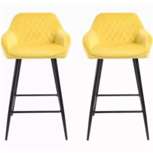 Set of Two Madrid Yellow Crushed Velvet Bar Stools Black Metal Leg