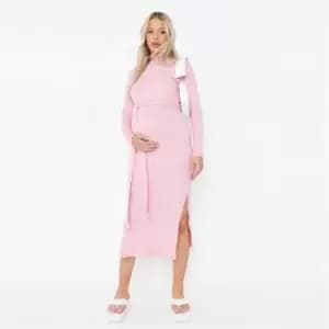 Missguided Rib Belted Midi Dress - Pink