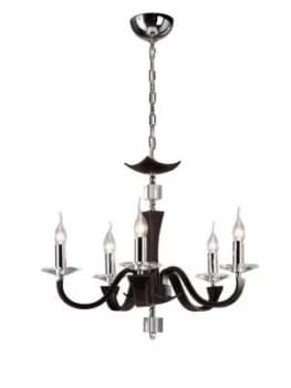 Ceiling Pendant Chandelier 5 Light Polished Chrome, Dark Brown Faux Leather, Crystal
