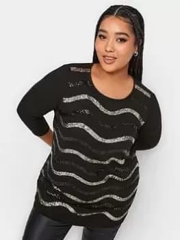 Yours Sequin Embellished Stripe T-Shirt, Black, Size 16, Women