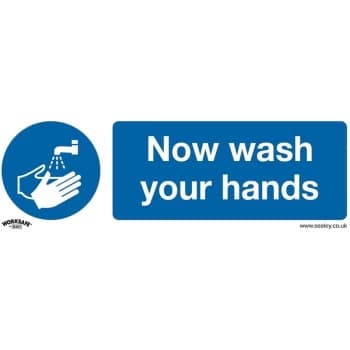SS5P10 Mandatory Safety Sign - Now Wash Your Hands - Rigid Plastic - Pack of 10 - Sealey
