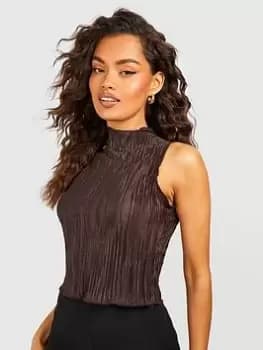 Boohoo Plisse High Neck Top - Chocolate, Brown, Size 10, Women