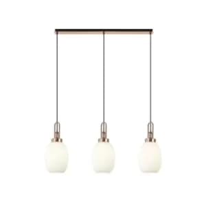 Yorktown Linear 3 Light Ceiling Pendant E27 With 20cm Almond Ribbed Glass, Opal Copper, Matt Black