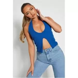 I Saw It First Ribbed Halterneck Split Front Crop Top - Black