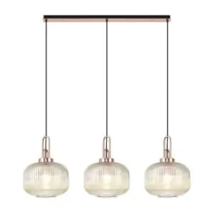 Luminosa Linear 3 Light Pendant E27, Copper, Matt Black With 30cm Round Ribbed Champagne Glass