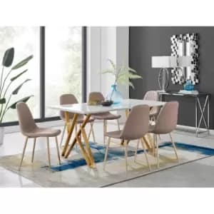 Furniture Box Taranto White High Gloss Dining Table and 6 Cappuccino Corona Gold Leg Chairs