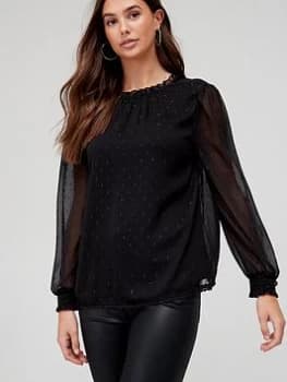 Superdry Lurex High Neck Sheer Sleeve Blouse - Black, Size 12, Women