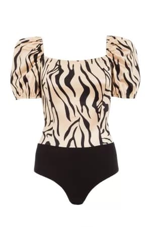 Quiz Stone Zebra Print Puff Sleeve Bodysuit - 6 - natural