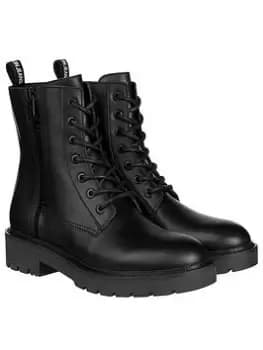 Calvin Klein Jeans Leather Combat Mid Lace Up Boot - Black, Size 41, Women