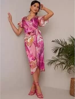 Chi Chi London Short Sleeve V Neck Floral Midi Dress In Pink, Size 10, Women