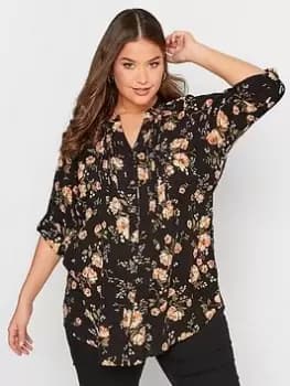 Yours Pintuck Shirt Black Natural Floral, Black, Size 24, Women