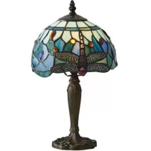 Tiffany Glass Table Lamp Light Dark Bronze Base & Blue Dragonfly Shade i00191