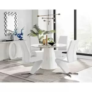 Furniture Box Palma White Marble Effect Round Dining Table and 4 White Willow Chairs