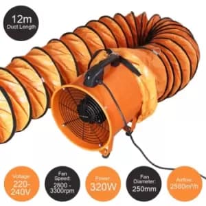 Dust Extractor Ventilation Fan 250mm Portable 12m Duct Hose Workshop Fume Air Blower Industrial PVC Ducting Ventilator - Orange