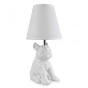 French Bull Dog White Ceramic Table Lamp With White Shade