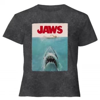 Jaws Classic Poster - Womens Cropped T-Shirt - Black Acid Wash - L - Black Acid Wash