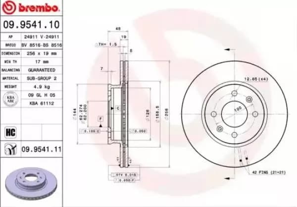 BREMBO Brake disc HYUNDAI 09.9541.11 517121C050 Brake rotor,Brake discs,Brake rotors