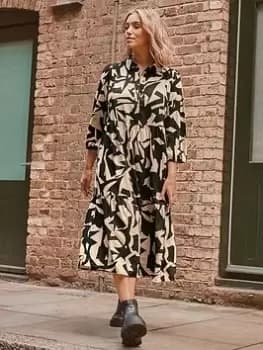 Yours Long Sleeve Shirt Dress Mono Abstract, Natural, Size 30-32, Women