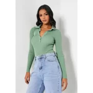 I Saw It First Rib Collared Button Up Knit Bodysuit - Green