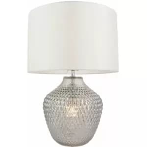 Grey Tinted Faceted Glass Twin Lit Table Lamp Light & Vintage White Fabric Shade